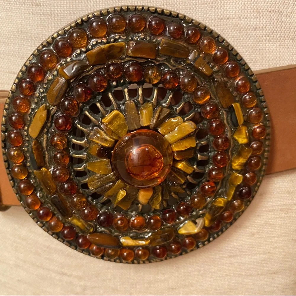 OLGA SANTINI BELT NEW BROWN LEATHER FIRE CIRCLE BUCKLE ADJUSTABLE NWT SIZE L